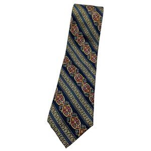 CALABRESE Men's 100% Silk Necktie LUXURY Tie Navy Blue Gold Baroque W:3.8" EUC